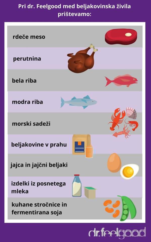 Beljakovinska živila so perutnina, meso, ribe, morski sadeži, beljakovine v prahu, jajčni beljaki, izdelki iz posnetega mleka in stročnice